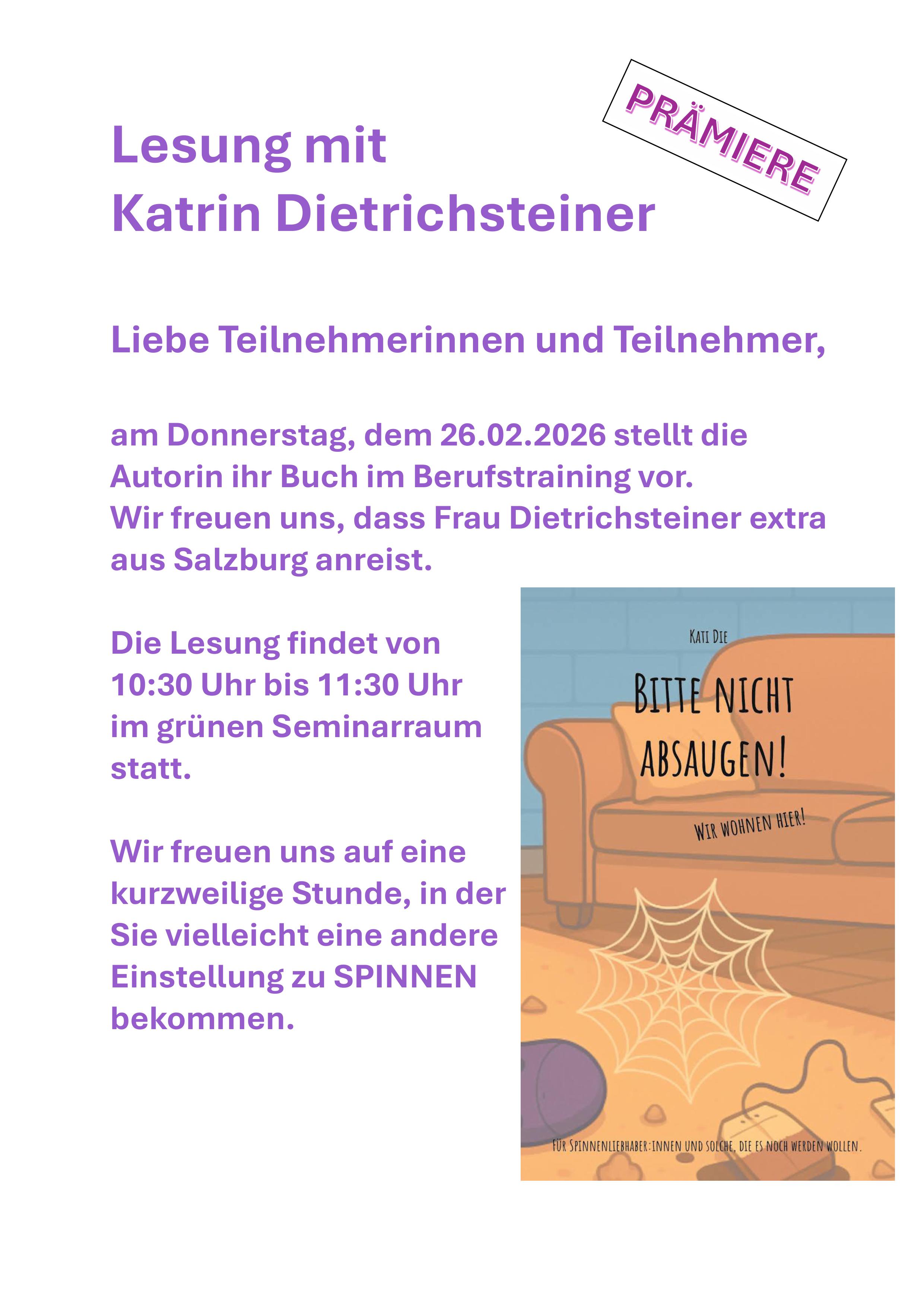 Ankündigung der Lesung bei pro mente Kärnten Berufstraining Klagenfurt